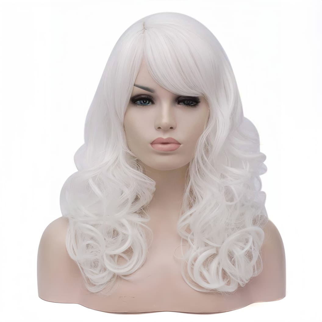 18 Inch Medium Long Snow White Curly Wavy Wigs With Bangs