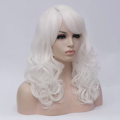 18 Inch Medium Long White Curly Wavy Wigs With Bangs