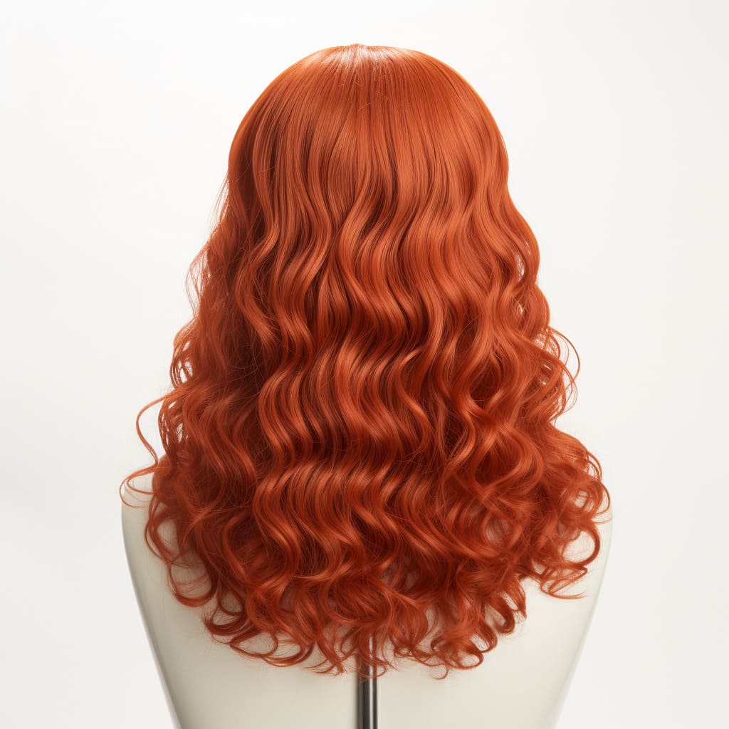 burnt orange curly wavy wig with bangs