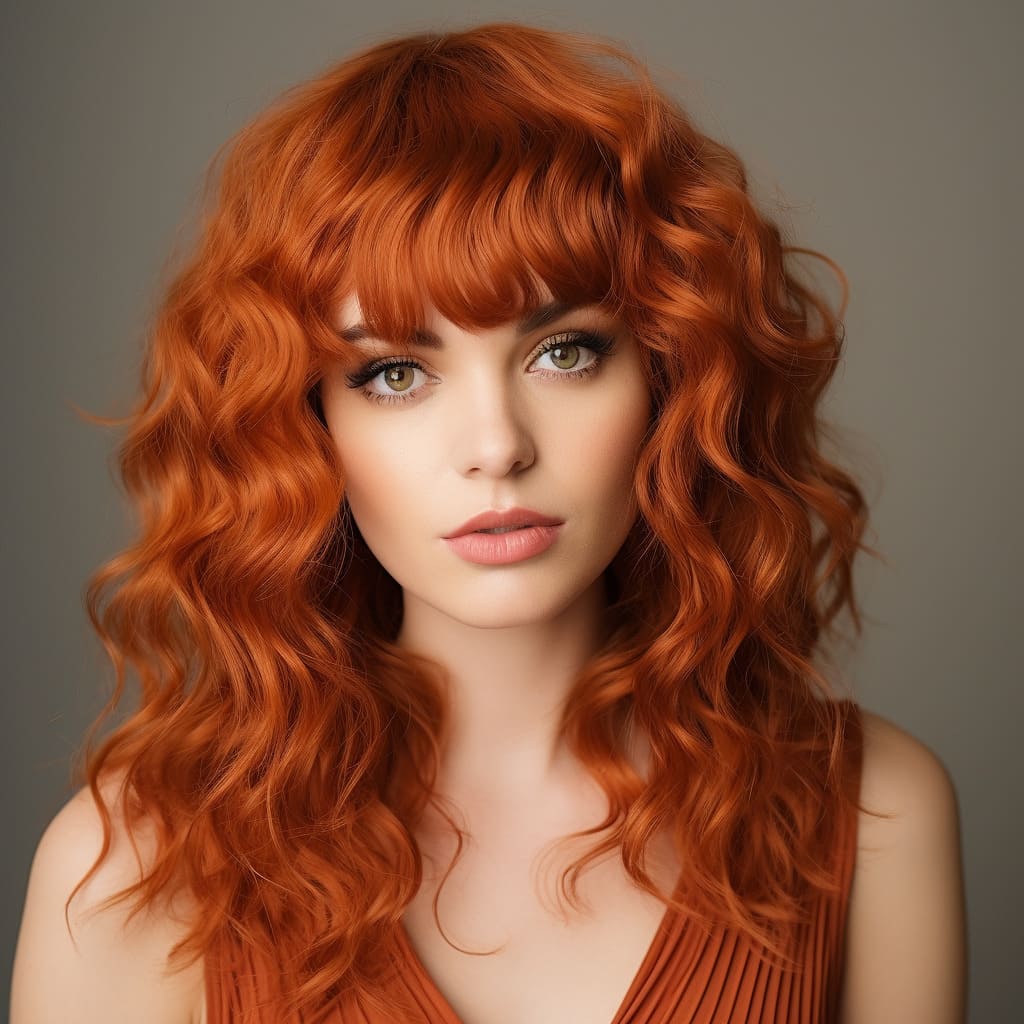 burnt orange curly wavy wig with bangs