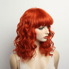 burnt orange curly wavy wig with bangs