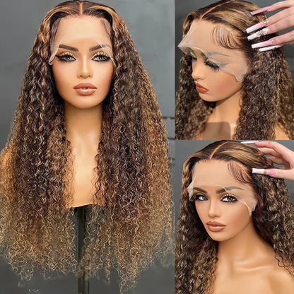 HD Frontal Lace Brown Curly Wave Human Hair Wig with Blonde Highlights