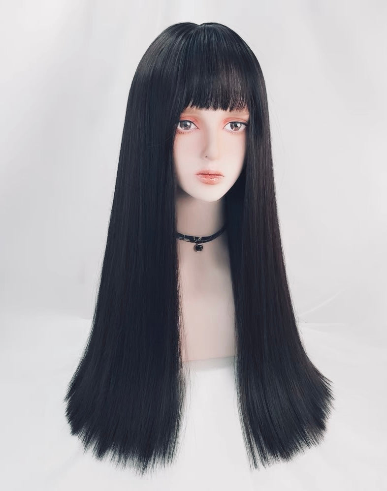 26'' Long Black Straight Wig with Bangs for Daily Use