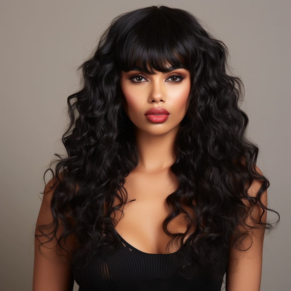Long Black Curly Wavy Wig With Bangs