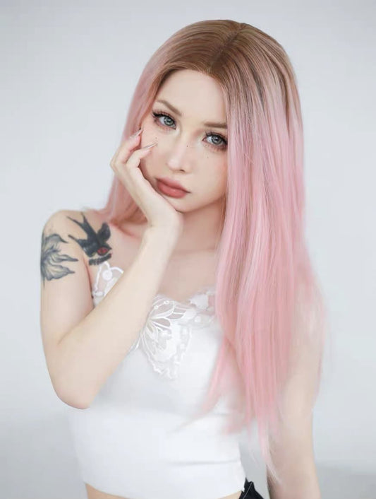 20 Inch Ombre Light Pink Hand Made Front Lace Wavy Wig