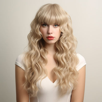 22 Inch Long Blonde Curly Wig With Bangs