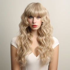 22‘’ Long Blonde Body Wave Wig with Bangs