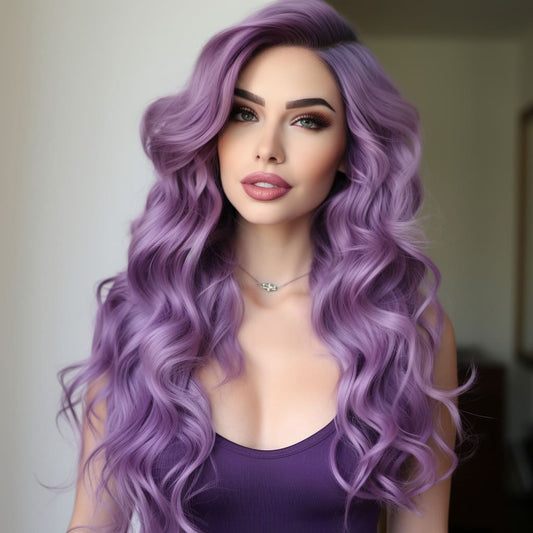 24 Inch Long Light Purple Curly Wavy Wigs Front Lace