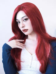 24 Inch Long Red Silk Top Hand Made Front Lace Curly Wavy Wig