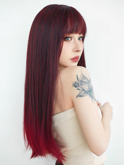24 Inch Ombre Red Straight Wig With Bangs For Party&Cosplay
