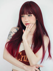 24 Inch Ombre Red Straight Wig With Bangs For Party&Cosplay
