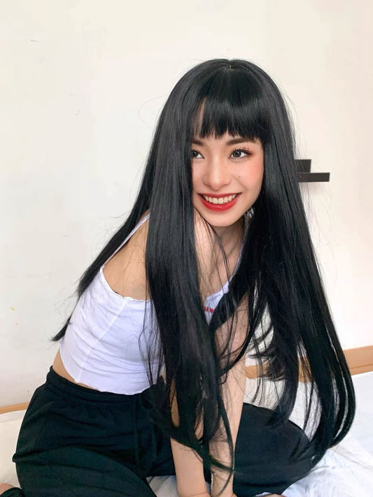 26 Inch Long Black Straight Wig With Bangs For Party & Daily Use