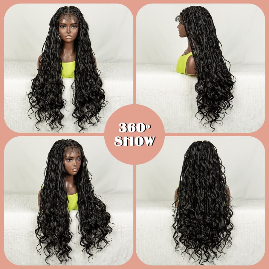 26 Inch Long 360° Full Lace Box Braided Afro Curly Wig with Baby Hair
