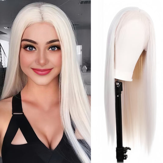 26 Inch Long White Silk Top Hande Made Front Lace Straight Hair Wig