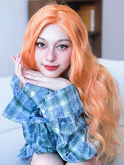 26 Inch Orange Curly Wavy Wig Hand Made Front Lace