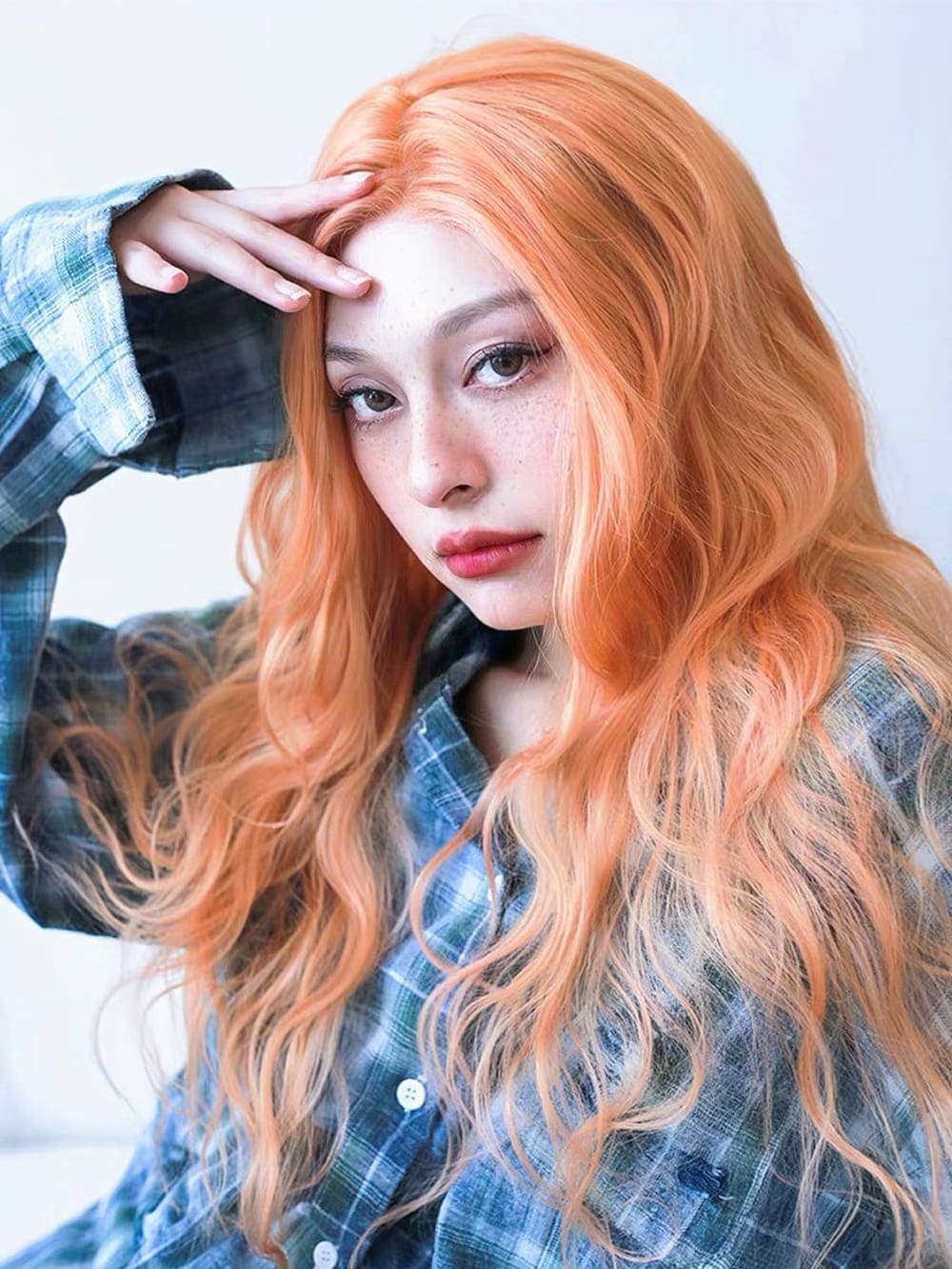 26 Inch Orange Curly Wavy Wig Hand Made Front Lace