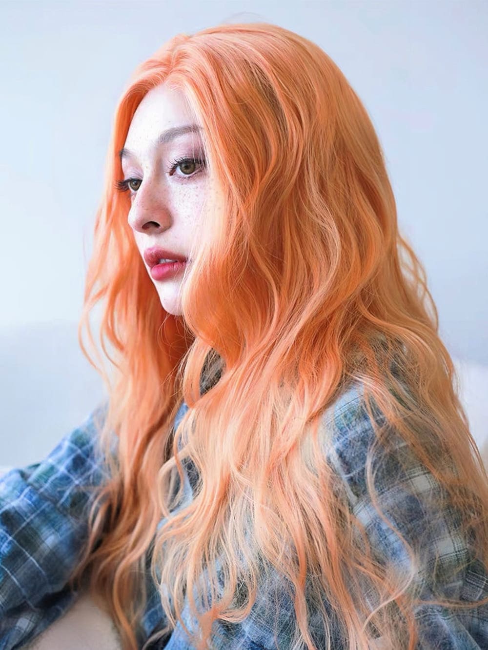 26 Inch Orange Curly Wavy Wig Hand Made Front Lace