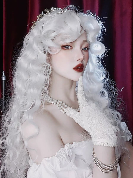 26 Inch White Curly Wavy Wig