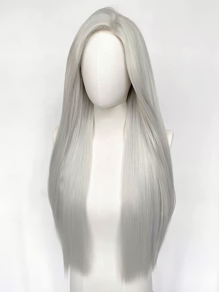 28 Inch Long Front Lace Silver Straight Wig For Cosplay