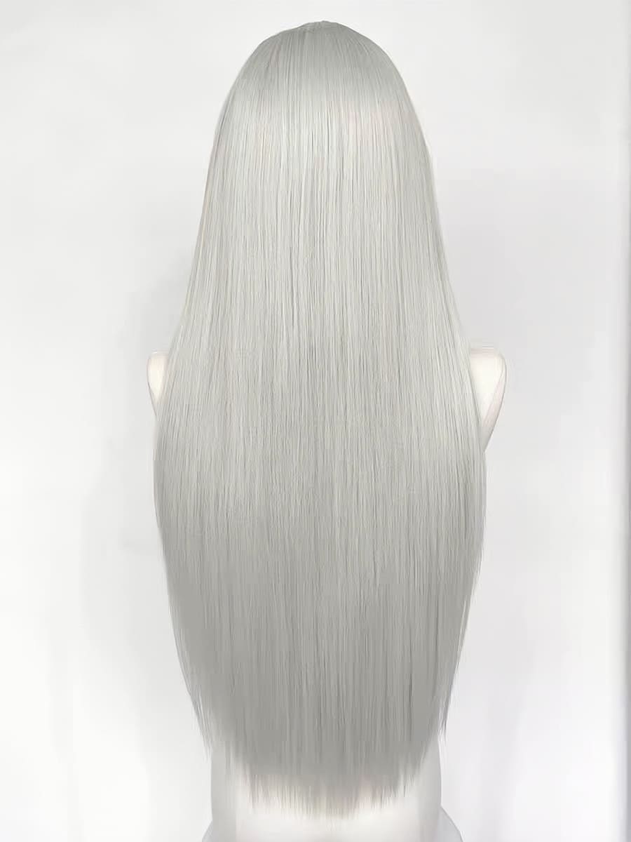 28 Inch Long Front Lace Silver Straight Wig For Cosplay