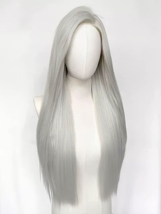 28 Inch Long Front Lace Silver Straight Wig For Cosplay