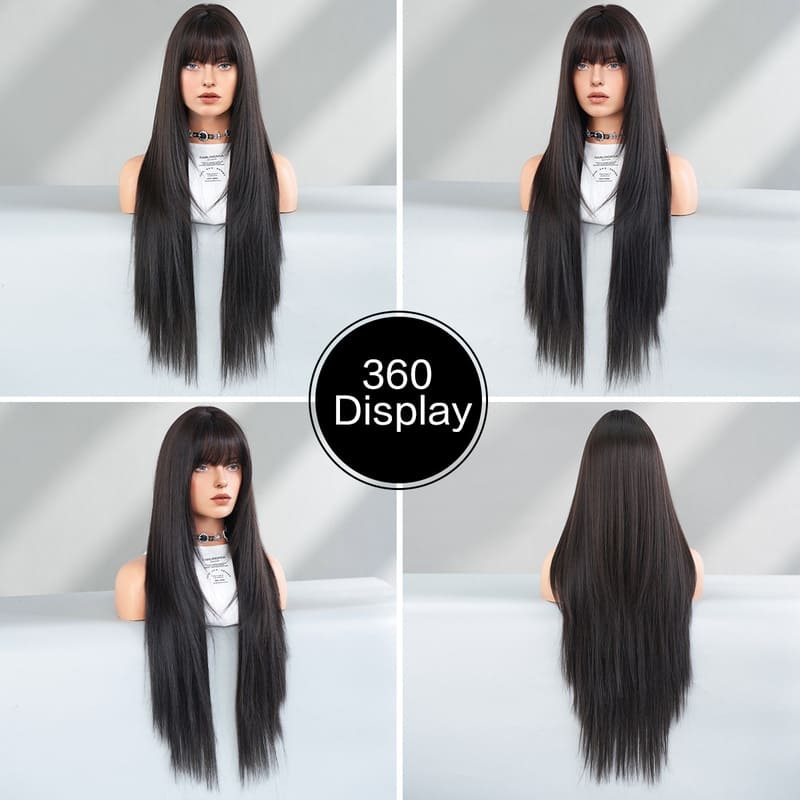 34 Inch Black Layered Straight Wig with Bangs