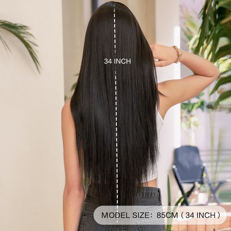 34 Inch Black Layered Straight Wig with Bangs