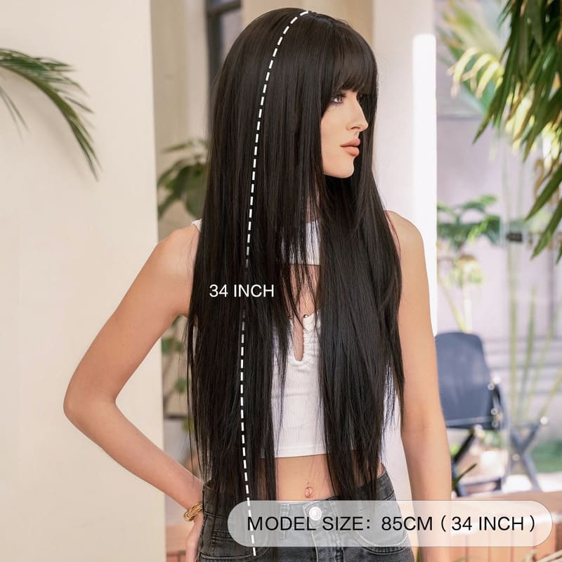 34 Inch Black Layered Straight Wig with Bangs