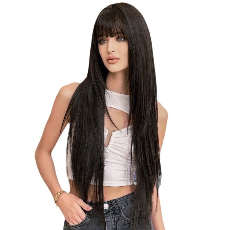 34 Inch Black Layered Straight Wig with Bangs