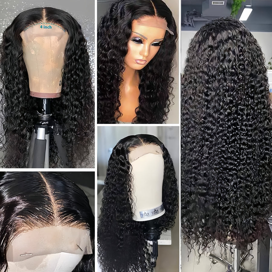 4x4 Frontal Lace Long Black Kinky Curly Human Hair Wig