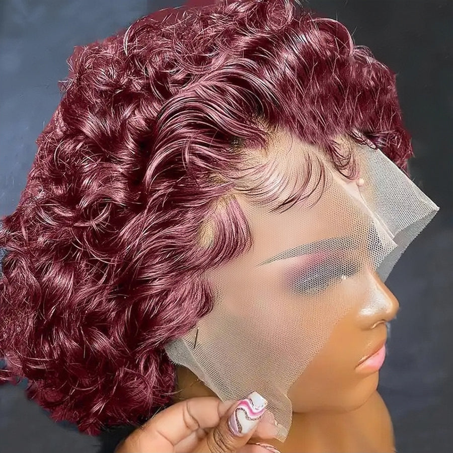 6 Inch Pixie Cut 13x2 Front Lace Red Wavy Human Hair Wig For Black Women