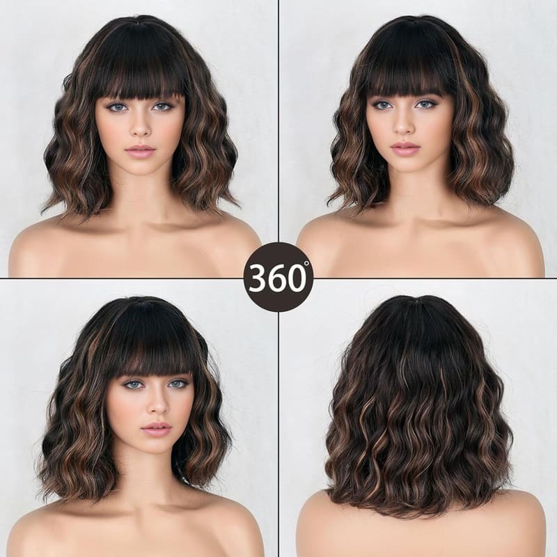 Short Water Wave Bob Wig with Bangs