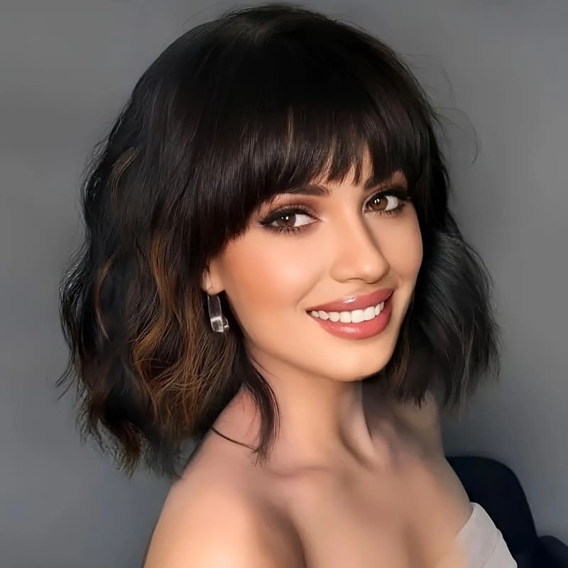 Short Water Wave Bob Wig with Bangs