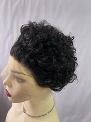 Black Curly Pixie Cut Swiss Front Lace Human Hair Wig 150% Density