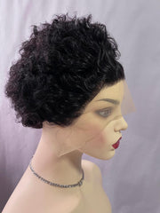 Black Curly Pixie Cut Swiss Front Lace Human Hair Wig 150% Density