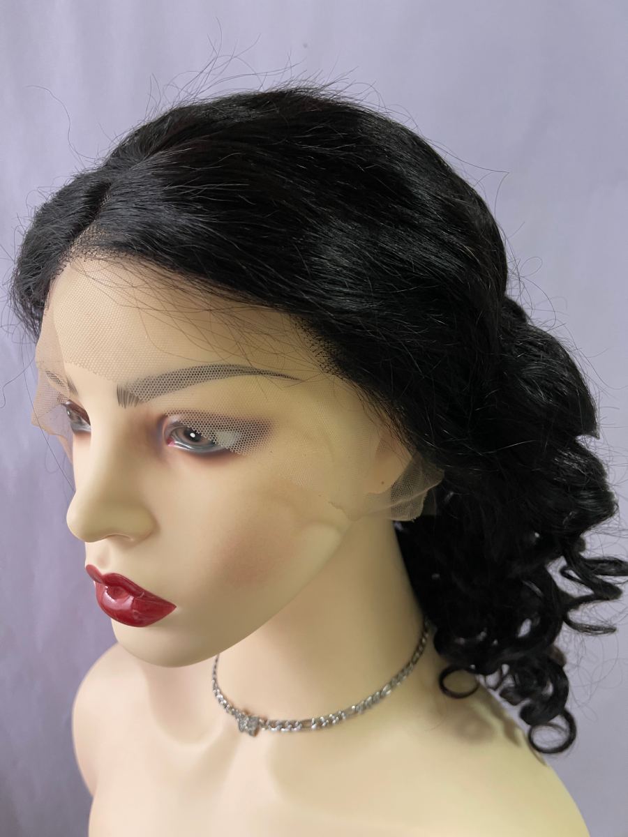 Black Front Lace Bouncy Curls Human Hair Bob Wig 180% Density