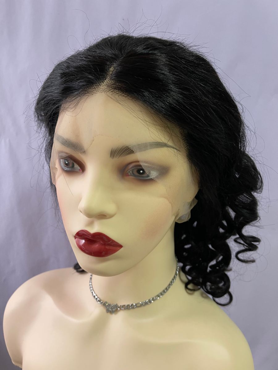 Black Front Lace Bouncy Curls Human Hair Bob Wig 180% Density