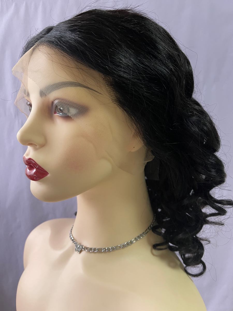 Black Front Lace Bouncy Curls Human Hair Bob Wig 180% Density