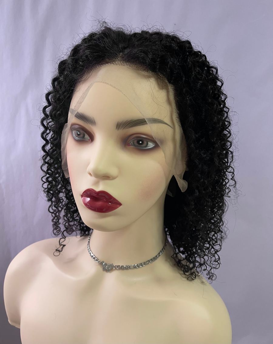 Black Front Lace Kinky Curly Human Hair Bob Wig 180% Density