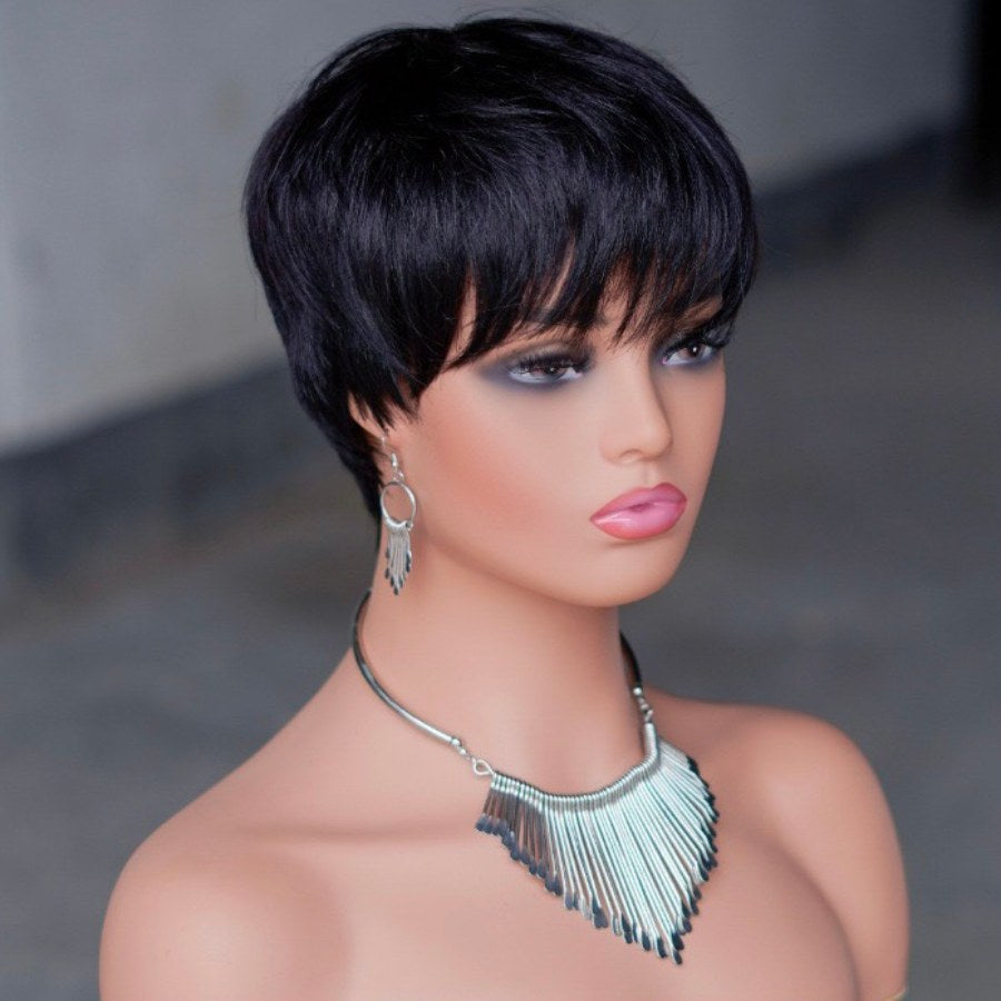 Black Human Hair Straight Pixie Cut Fringe Wig