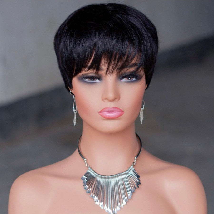 Black Human Hair Straight Pixie Cut Fringe Wig