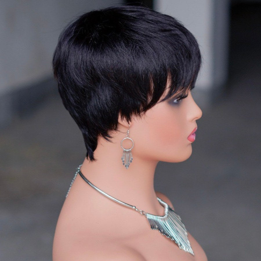 Black Human Hair Straight Pixie Cut Fringe Wig