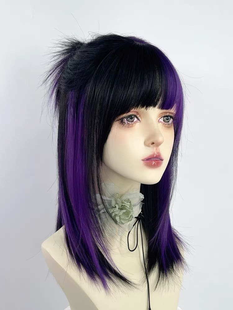 15 Inch Half Black & Purple Straight Shoulder Length Wig with Bangs