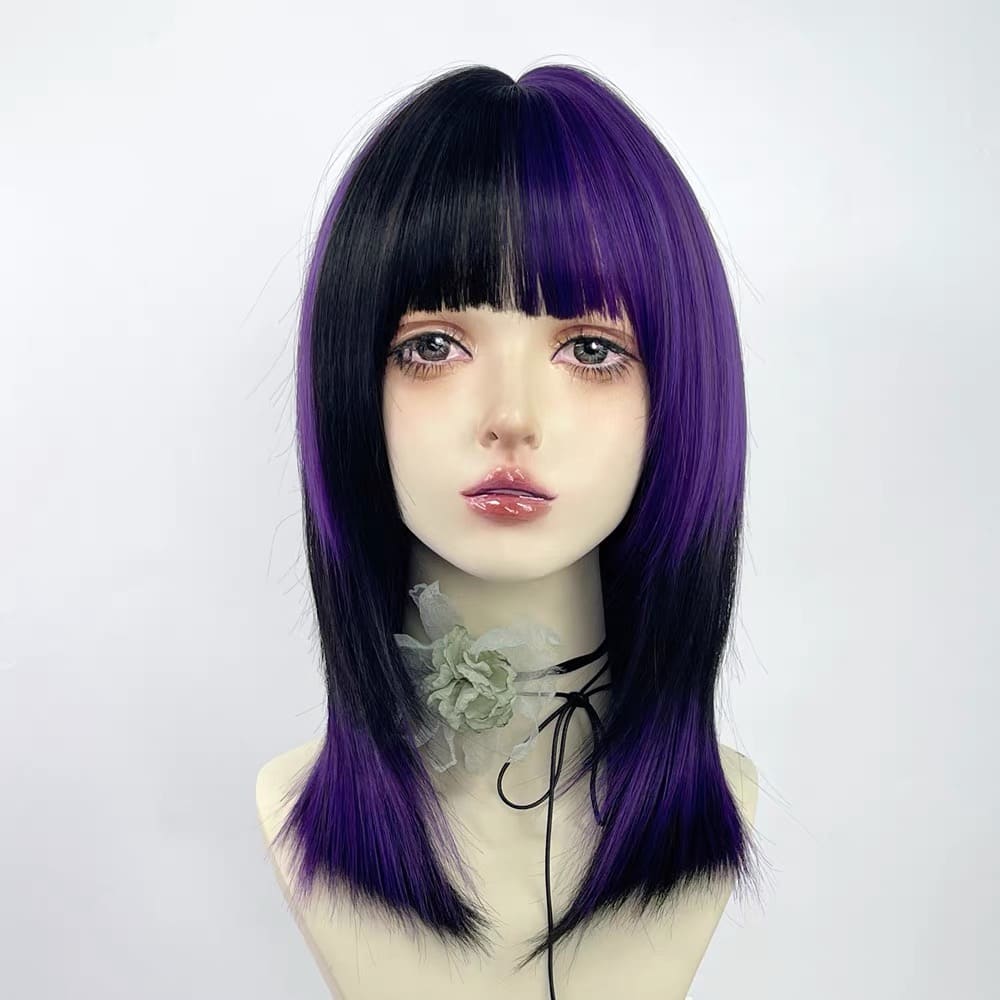 Half Black & Purple Layered Straight Shoulder Length Wig with Bangs