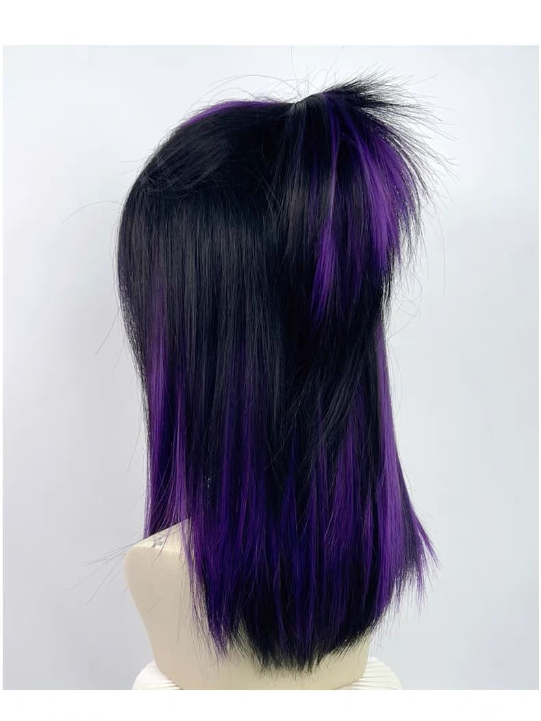 Half Black & Purple Layered Straight Shoulder Length Wig with Bangs