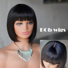 Black Top Swiss Lace Straight Human Hair Bob Wig with Bangs
