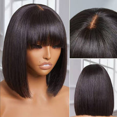 Black Top Swiss Lace Straight Human Hair Bob Wig with Bangs