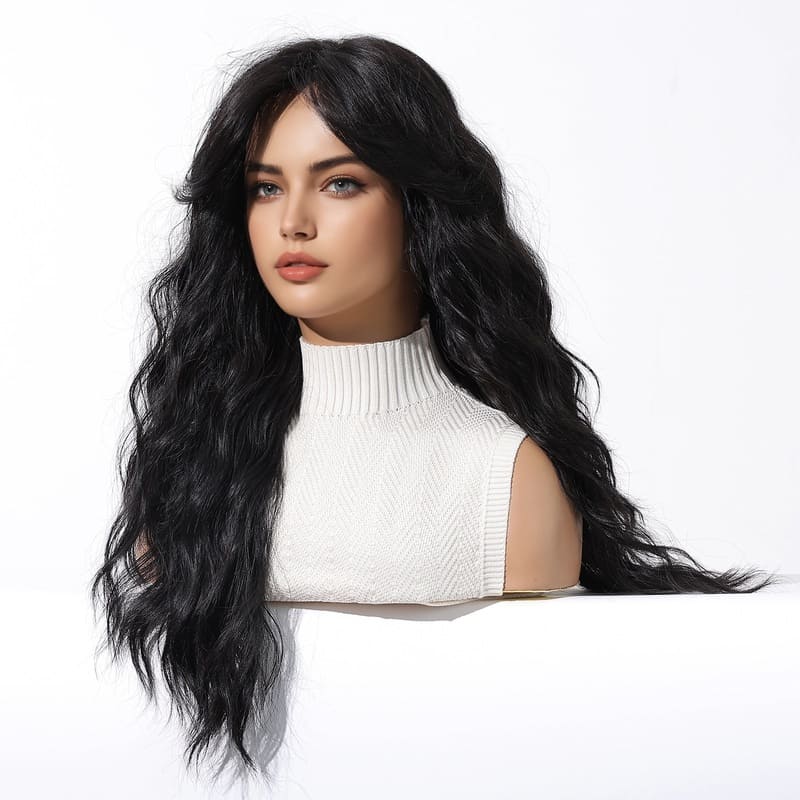 Black Water Wave Long Wig with Curtain Bangs