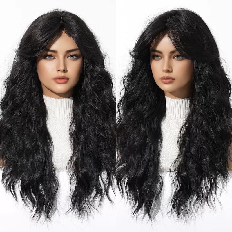 Black Water Wave Long Wig with Curtain Bangs