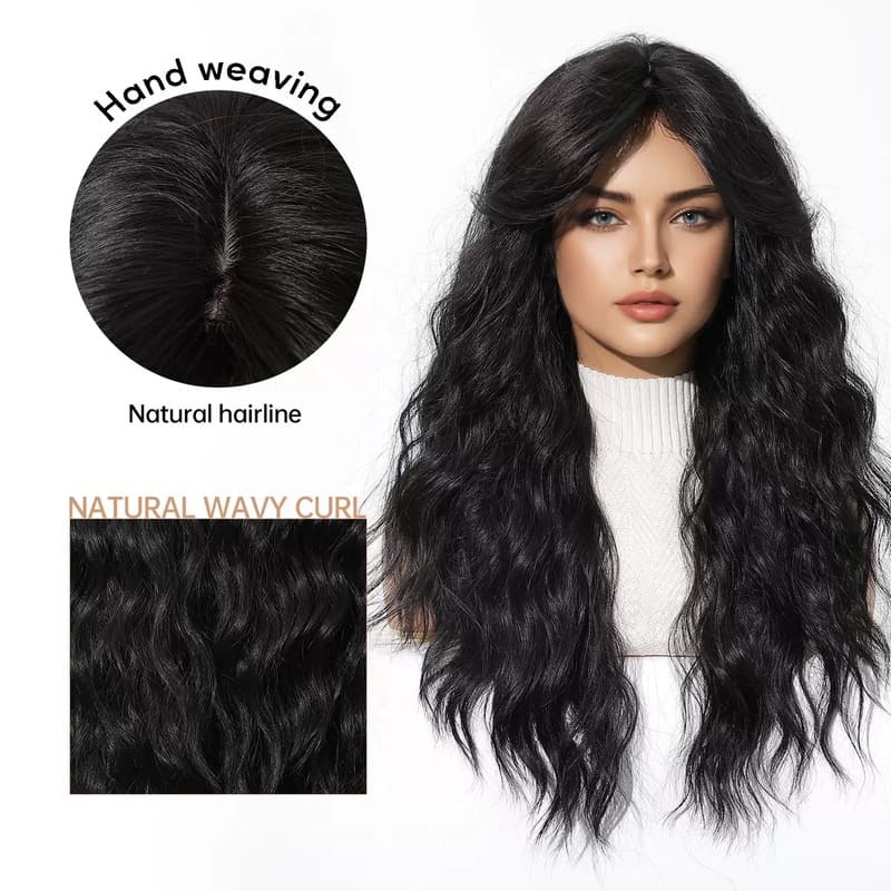 Black Water Wave Long Wig with Curtain Bangs